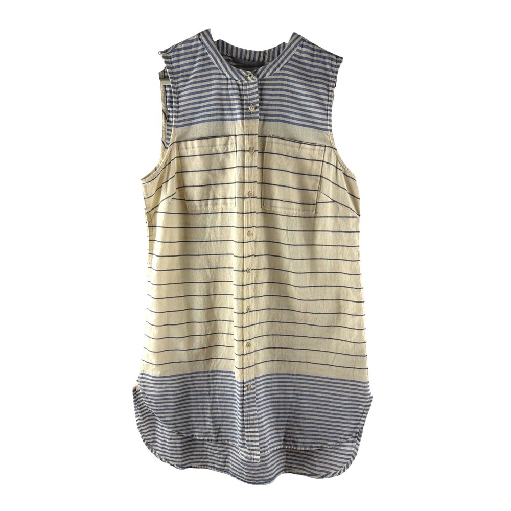 100% Cotton Shirt Dress Small Blue Cream Striped Sleeveless Coastal Lightweight